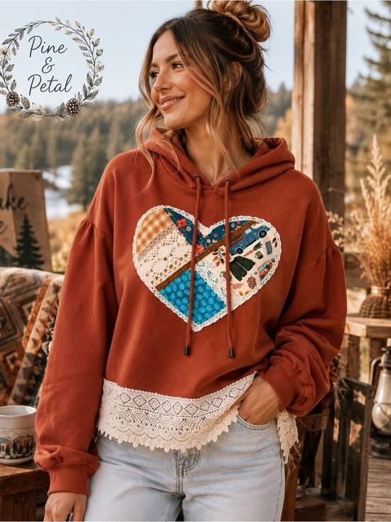 wild fable Tops - Upcycled Boho Patchwork Heart Crochet Hoodie Rust S OOAK